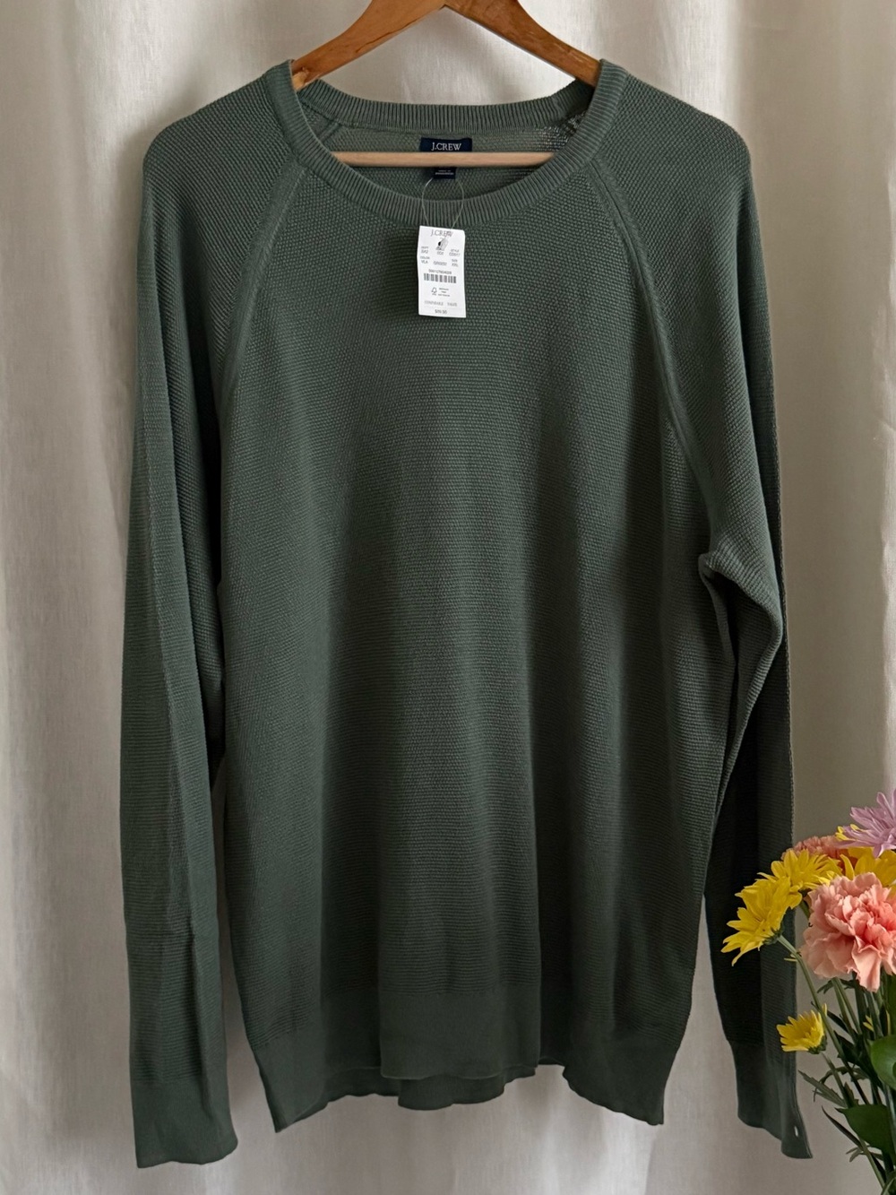 NWT J.Crew Waffle Knit Thermal Top XXL Sage Green 100% Cotton Crewneck Pullover